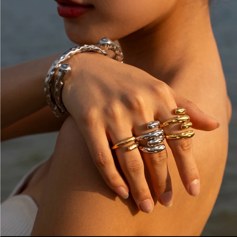 Gold Plated Hammered Lava Open Ring